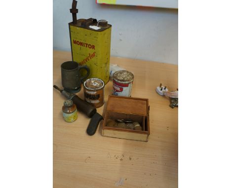 Vintage oil can, grease gun, box of old pennies &amp; others 
