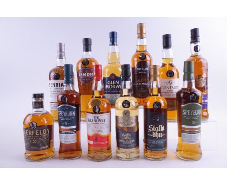 TWELVE BOTTLES SINGLE MALT SCOTCH WHISKYAberfeldy Distillery Oak Aged; Speyburn 15YO; The Glenlivet Caribbean Reserve; Stalla