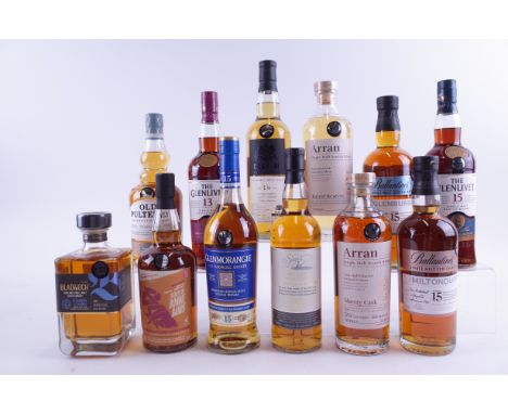 TWELVE BOTTLES SINGLE MALT SCOTCH WHISKYBladnoch Ember Casks; Loch Lomand Distillery The Secrets of Bonnie Banks; Glenmorangi