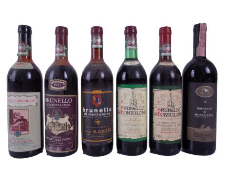 SIX BOTTLES BRUNELLO DI MONTALCINOTenuta di Sesta 1977 (level top shoulder); Poggio Alle Mura  1977 (level mid shoulder); Azi