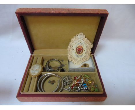 Old jewellery box of vintage costume jewellery inc a cameo