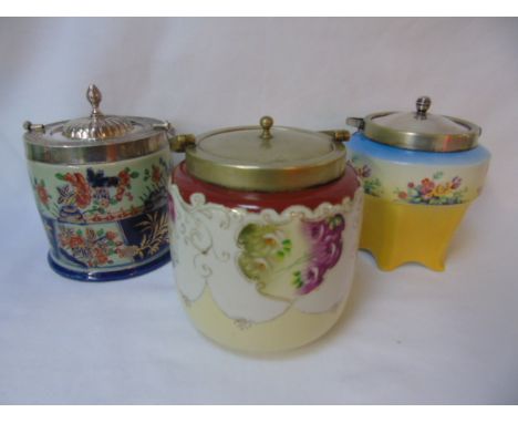 3 vintage biscuit barrells with plated lids