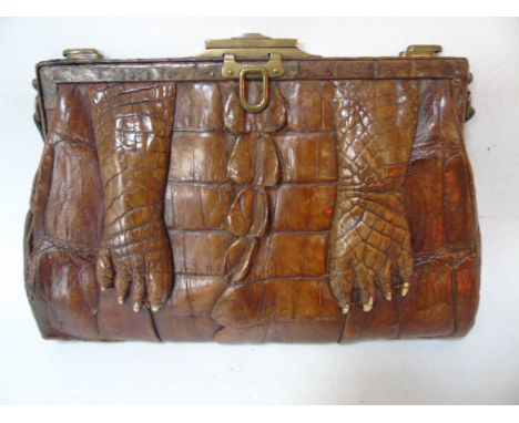 Vintage taxidermy crocodile skin ladies handbag with feet & claw accents