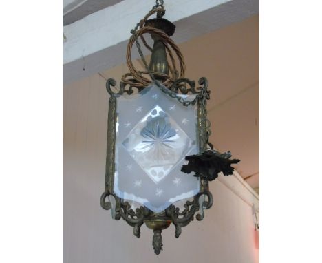 Vintage brass electric porch light with etched glass panels