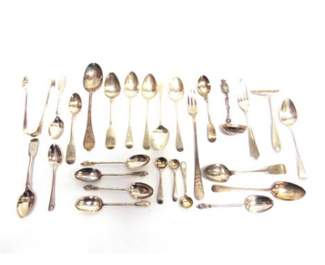 A COLLECTION OF ASSORTED SIVER FLATWARE ITEMS including: two Georgian sugar tongs; two Irish silver teaspoons; a Dutch small 