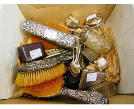 A COLLECTION OF SILVER ITEMS comprising: a cigarette case; a card case; a cased napkin ring; a fork; six spoons; a small trop