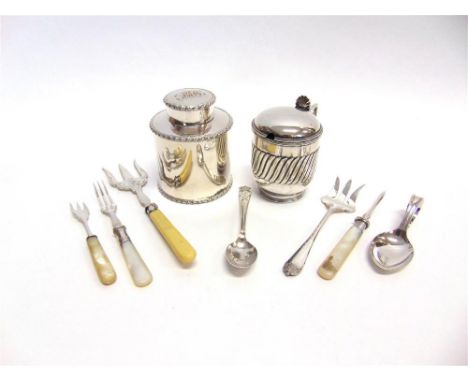 A PLATED TEA CADDY a plated mustard pot; an Edward VIII plated commemorative teaspoon; and other flatware