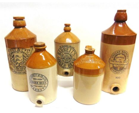 FIVE STONEWARE FLAGONS comprising a two gallon stoneware flagon, 'R. Fry & Co Limited, Brighton, Hastings, Eastbourne', doubl