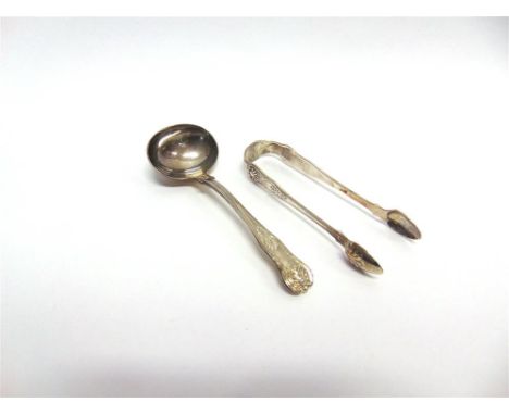 A WILLIAM IV SILVER SAUCE LADLE  by William Troby, London 1832, Kings pattern, 17.5cm long, and a matching pair of sugar tong