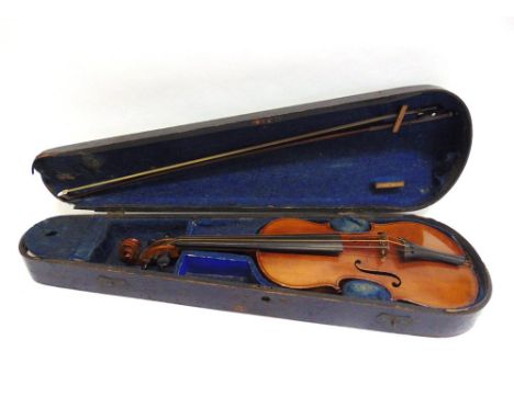 A VIOLIN the two-piece back 36.5cm long, unlabelled, in a wooden case (lid lacking one end); together with a bow, unnamed.