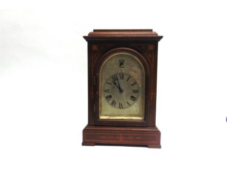 AN EDWARDIAN WESTMINSTER CHIME MANTLE CLOCK in marquetry inlaid mahogany case, the 8-day movement with crossed arrows for Ham
