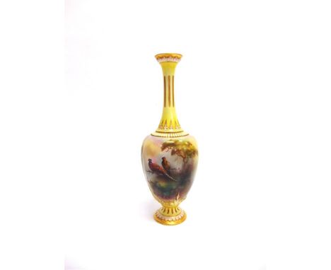 A ROYAL WORCESTER 'HADLEY WARE' VASE painted with a pair of pheasants in a fir tree signed 'A C Lewis', green printed mark to