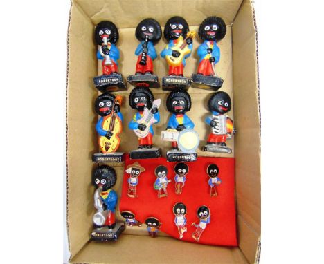 TEN ROBERTSON'S ENAMEL BADGES including a 'Golly' Scout, skater, golfer (two different) and tennis player; together with nine