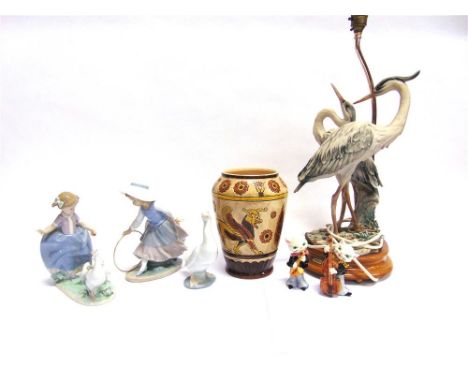 A GROUP OF MIXED CERAMICS including a Lladro group of a young girl with geese (a/f) and two Nao figures, Sylvac vase 21cm hig