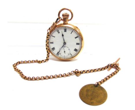 ANONYMOUS, A 9 CARAT GOLD OPENFACED POCKETWATCH the white enamel dial with black hands, Roman numerals and subsidiary seconds