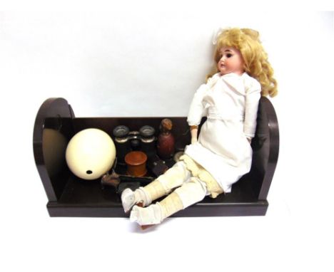 ASSORTED COLLECTABLES comprising a bisque shoulder-head doll, with a replacement long blonde wig, fixed brown glass eyes, and