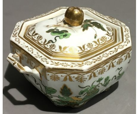A Spode felspar porcelain two handled sugar box and cover, circa 1820,  black painted felspar mark and red painted pattern nu