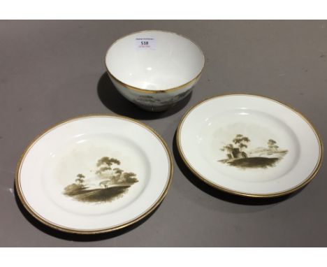 Two Spode porcelain plates, circa 1805, with gilt pattern numbers 382 and 383; together with a Spode porcelain waste bowl, ci