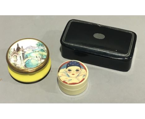 A snuff box, patch box and an enamel box