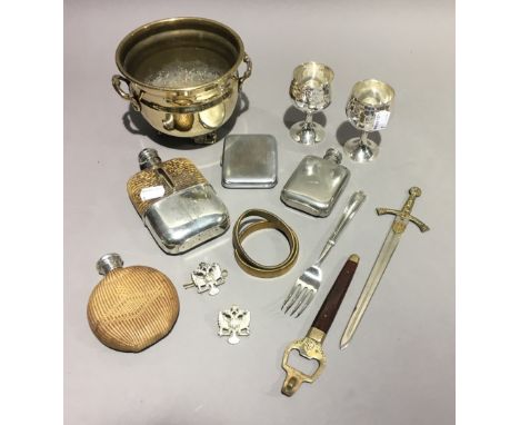 A Victorian silver hip flask and a quantity of miscellaneous plated items, etc.