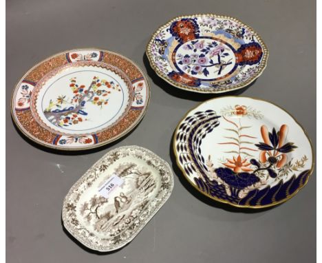 A Spode porcelain Japan pattern dish, circa 1815-1820, red painted SPODE and numeral 2214; together with a Spode brown printe