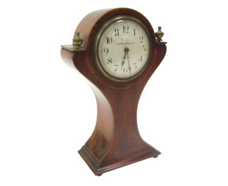 An early 20thC Art Nouveau mahogany and inlaid balloon shaped mantel clock, the circular white enamel dial bearing Arabic num