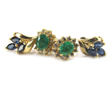 Two pairs of earrings, comprising a pair of emerald and diamond cluster studs, yellow metal stamped 14kt, with butterfly back