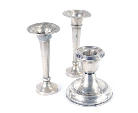 Three items of Edward VII and later silverware, comprising a silver dwarf candlestick, with weighted base, Birmingham 1913, 7
