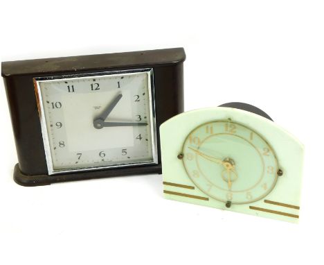 Two early 20thC mantel clocks, comprising a Smiths brown Bakelite cased clock, with square dial bearing Arabic numerals, 16cm