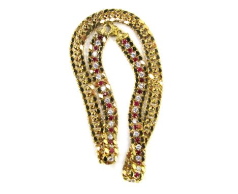 A gold fracture filled ruby and cubic zirconia necklace, with a row of alternating round mixed cut fracture filled rubies and