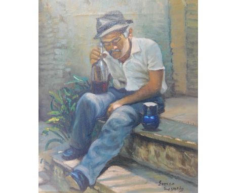 Errico Rosario. Italian portrait, study of man with bottle of drink, seated on stone steps, oil on canvas, signed, 30cm x 29c