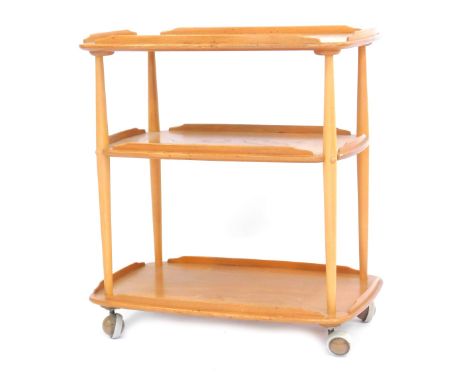 An Ercol light elm three tier trolley, each tier with a raised edge, on castors, model number 458, 77cm high, 71cm wide, 46cm