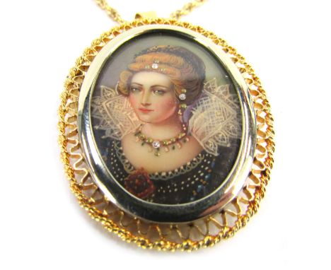 An 18ct gold miniature portrait brooch/pendant, with a pierced outer basket, depicting lady in Elizabethan style dress, set w