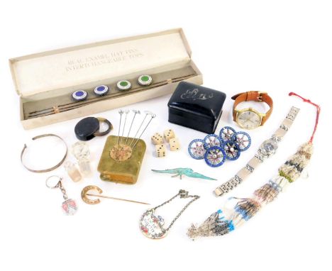 Various costume jewellery, comprising a cased set of novelty reel enamel hat pins, six Victorian style paste stone set cartwh