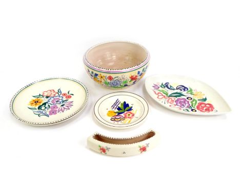 A group of Poole pottery, traditionally decorated with floral sprays, to include bowl, 24cm diameter, dish of tear shape form