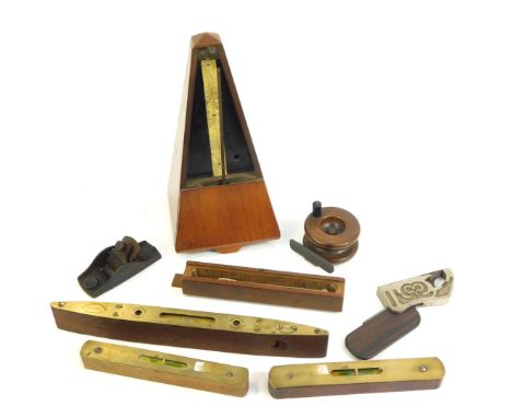 A group of collectables, to include a mahogany cased metronome, a Stanley number 101 violin maker's plane, wooden reel, vario