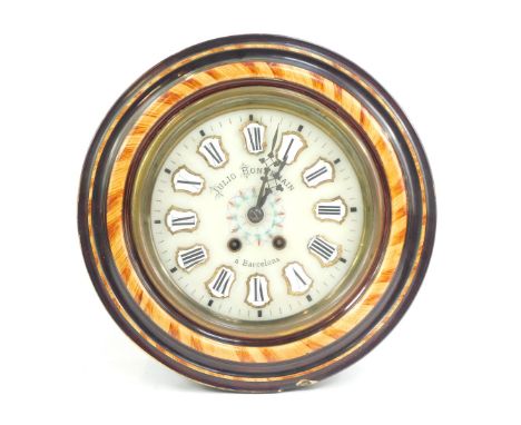 An early 20thC Catalan wall clock, white marble circular dial bearing raised enamel and brass banded Roman numerals for Julio