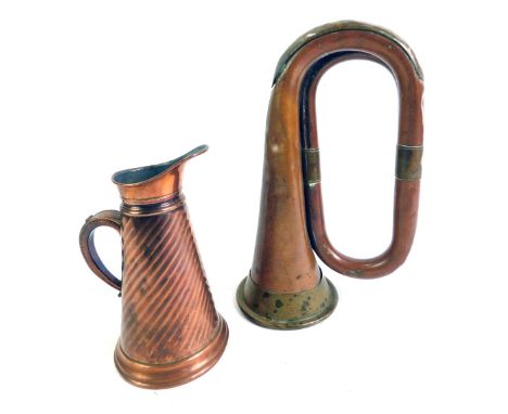 A Rushworth &amp; Dreater Liverpool copper and brass bugle, No 4343, 27cm long, together with a 19thC copper jug, of cylindri