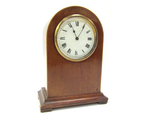 An early 20thC mahogany and inlaid mantel clock, of arched form with white enamel dial bearing Roman numerals, eight day move