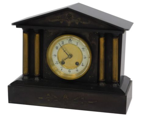 A Victorian black slate mantel clock, with brass dial, with enamel chapter ring bearing Arabic numerals, eight day movement, 