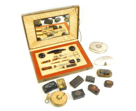 Bygones and collectables, to include 19thC horn snuff box, Victorian tape measure, papier mache and mother of pearl inlaid bo