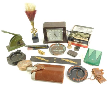 Bygones and collectables, etc, to include hip flask in leather case, cast iron embossing press, mantel clock, 1930's travelli