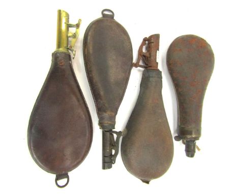 Three 19thC leather shot flasks, to include one for Bartram &amp; Co, together with a 19thC steel powder flask. (4)