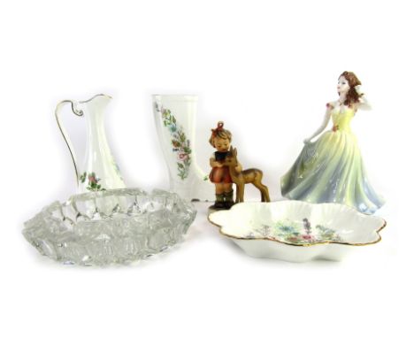 A group of ceramics and glassware, to include a Coalport porcelain figure modelled as Ladies of Fashion Jean, a Goebel figure