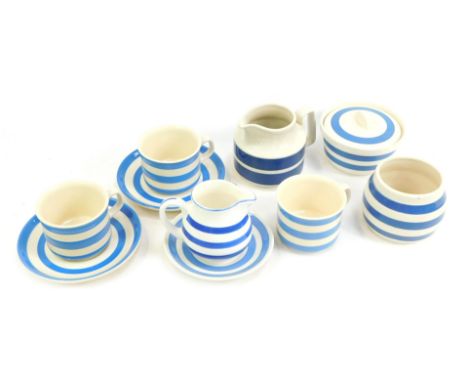 A group of TG Green and other blue and white banded Cornish type ware, to include teacups, jug, saucers, sugar bowl, etc. 