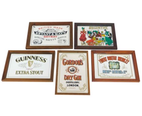 A group of advertising mirror, for Gordons Dry Gin, in oak frame, 32.5cm x 22cm, West Scotch Whisky, Bryant and Mays Safety M
