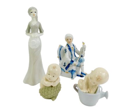 Four porcelain figures, comprising two miniature Nao figures of children, one in a watering can, 9cm high, and one in an acor