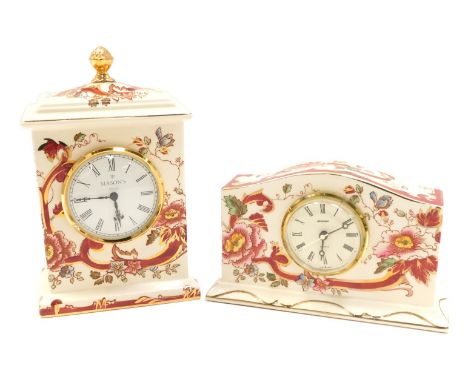 A Masons ironstone Mandalay Red pattern mantel clock, with circular Roman numeric dial, quartz movement, 22cm high, and anoth