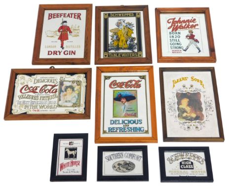 A group of advertising mirrors, for Pears Soap, in a wooden frame, 33cm x 22cm, Coca Cola, (2), Johnny Walker Scotch Whisky, 