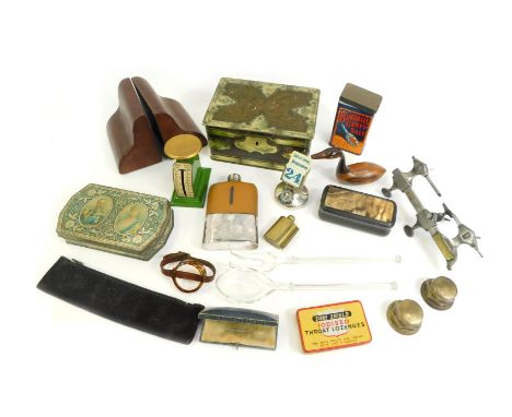 A group of collectables, to include a silver plated and enamel SS Cashmere desk calendar, watch maker's bench vice, Cavendish